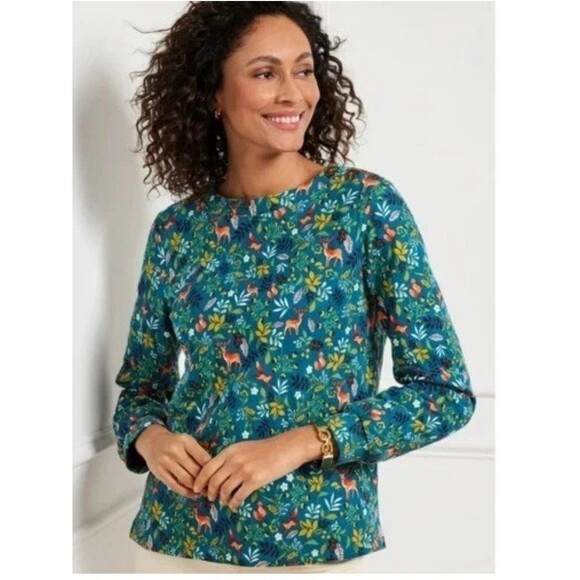 Talbots Sweaters - Talbots Woodland Ditsy Animal Print Quilted Sweatshirt Women's Large Blue Fairie